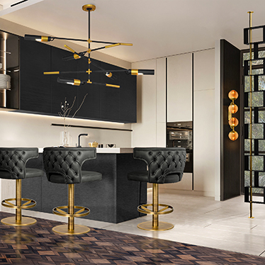 KANSAS II COUNTER STOOL, HANOI SCREEN, SYRAD WALL LIGHT, KOBEN SUSPENSION LIGHT